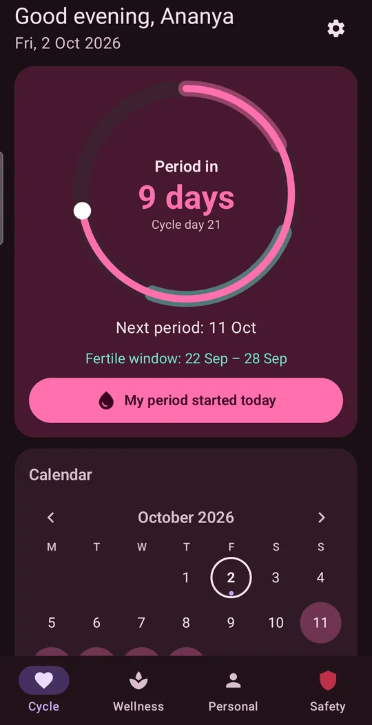 Cycle tab: period in 9 days, cycle day 21, calendar