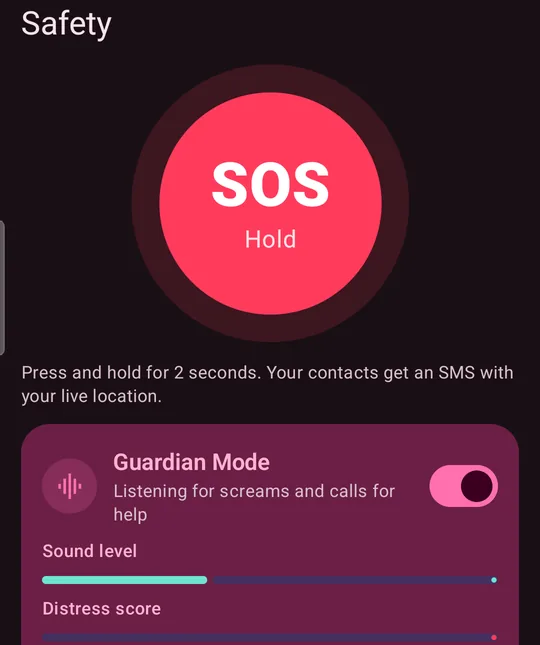 Safety tab: SOS button and Guardian Mode switched on