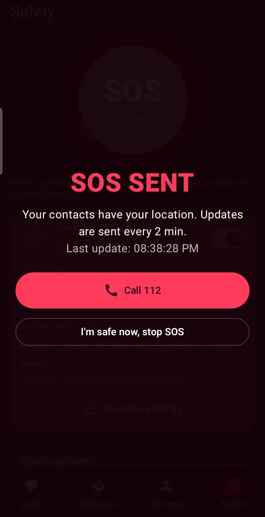 SOS SENT screen: your contacts have your location, updates every 2 minutes